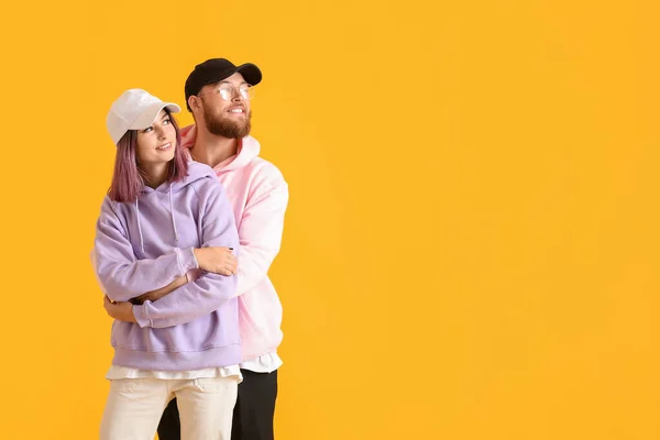 Cool Young Couple Hoodies Color Background — Stock Photo, Image