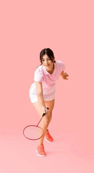 Jogadora Badminton Feminino Esportivo Fundo Cor — Fotografia de Stock