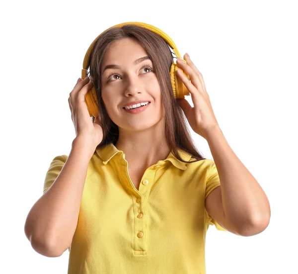 Δροσερό Νεαρή Γυναίκα Ακούγοντας Μουσική Λευκό Φόντο — Φωτογραφία Αρχείου