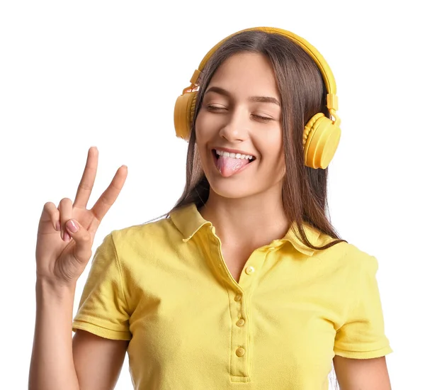 Cool Young Woman Listening Music Showing Victory Gesture White Background — Stock Photo, Image