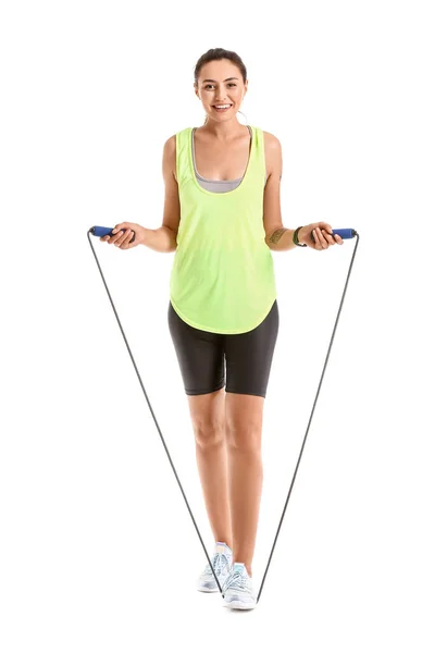 Sporty Young Woman Skipping Rope White Background — Stock Photo, Image