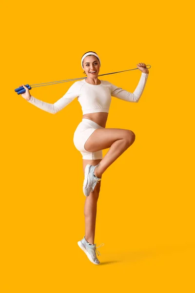 Sporty Young Woman Skipping Rope Color Background — Stock Photo, Image