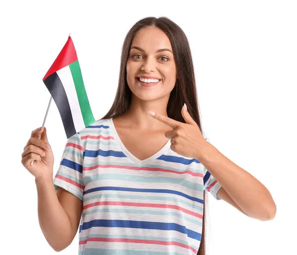 Young Woman National Flag Uae White Background — Zdjęcie stockowe