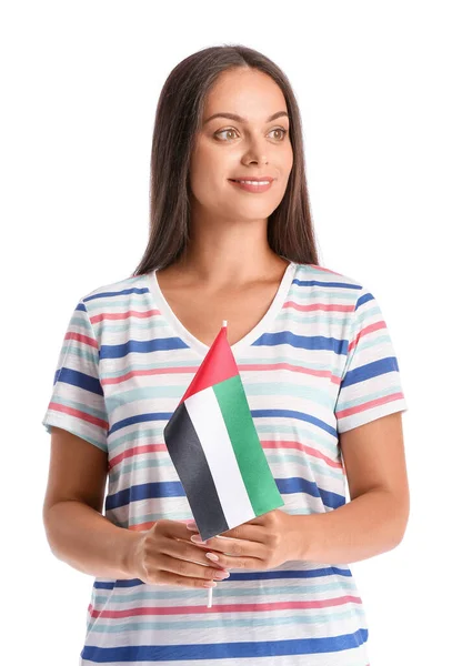 Young Woman National Flag Uae White Background — Zdjęcie stockowe