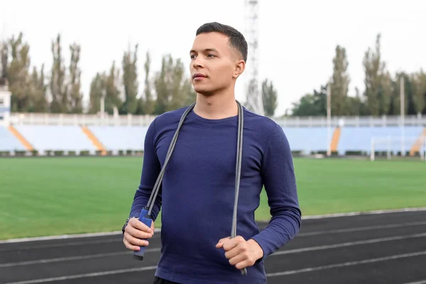 Sporty Young Man Skipping Rope Stadium — Stock Photo, Image