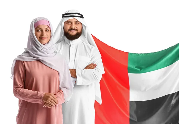 Couple Traditional Clothes National Flag Uae White Background — Stock Photo, Image