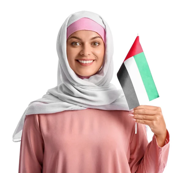 Young Woman Traditional Clothes National Flag Uae White Background — Stock Photo, Image