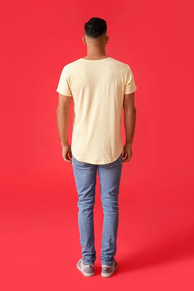 Handsome Young Man Stylish Shirt Color Background Back View — Stock Photo, Image