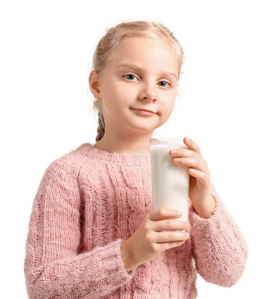 Menina Bonito Segurando Copo Leite Fundo Branco — Fotografia de Stock