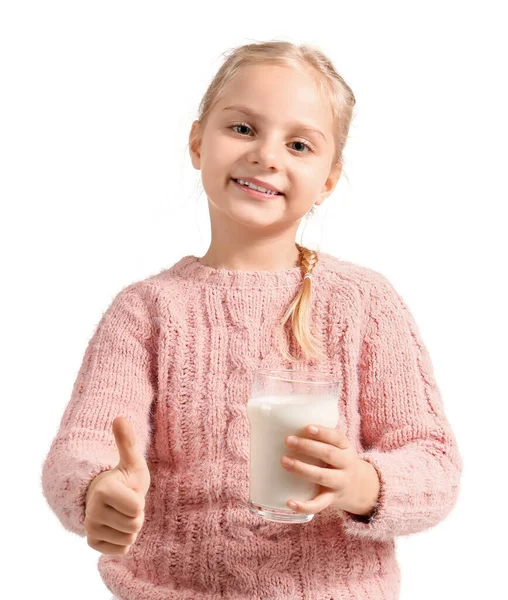 Cute Little Girl Holding Glass Milk White Background — Stock Photo, Image