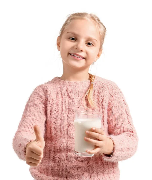 Menina Bonito Segurando Copo Leite Fundo Branco — Fotografia de Stock