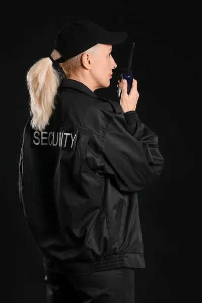 Female Security Guard Radio Transmitter Dark Background — Stock Photo, Image