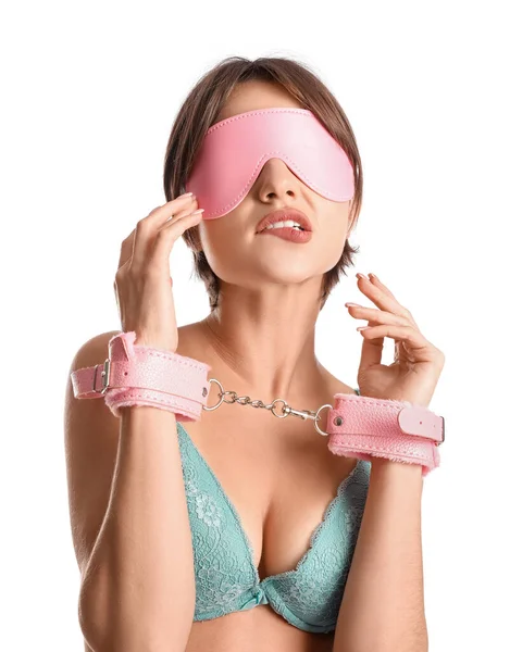 Ung Kvinna Handbojor Och Med Mask Från Sex Shop Vit — Stockfoto