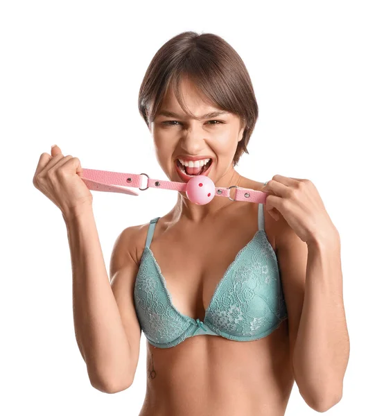 Beautiful Young Woman Mouth Gag White Background — Stock Photo, Image