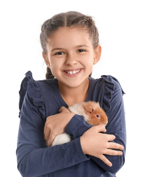 Klein Meisje Met Schattig Cavia Geïsoleerd Wit — Stockfoto