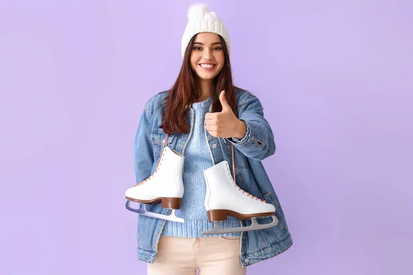 Beautiful Young Woman Winter Clothes Ice Skates Showing Thumb Gesture — Stock Photo, Image