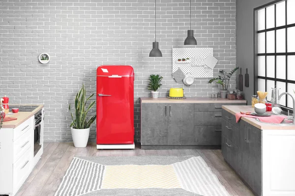 Interior Modern Kitchen Counters Stylish Refrigerator — Stock Photo, Image