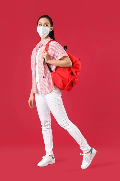 Portrait Beautiful Female Student Face Mask Color Background — Stock Photo, Image