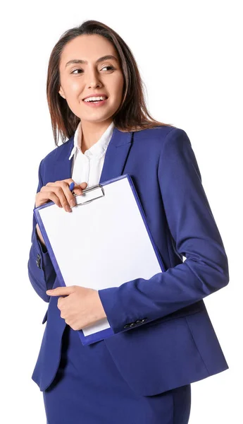 Portrait Young Secretary Clipboard Isolated White — Stock Photo, Image