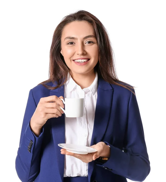 Portret Van Jonge Secretaresse Met Kopje Koffie Geïsoleerd Wit — Stockfoto