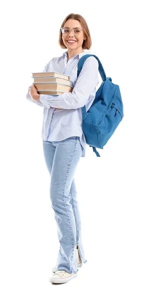 Estudiante Femenina Con Libros Aislados Blanco —  Fotos de Stock