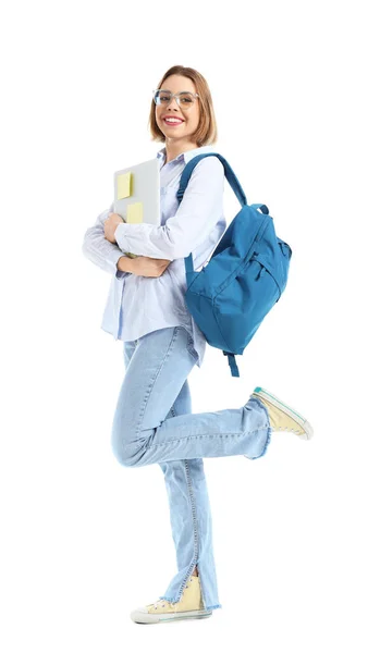 Studente Donna Con Computer Portatile Isolato Bianco — Foto Stock