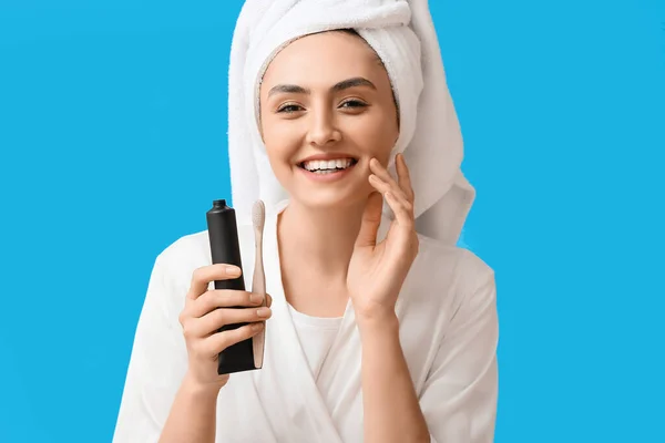 Beautiful Young Woman Bathrobe Activated Charcoal Tooth Paste Brush Blue — Stock Photo, Image