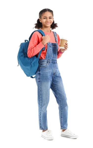 Afroamerikanische Teenager Mit Schulrucksack Und Kaffee Auf Weißem Hintergrund — Stockfoto