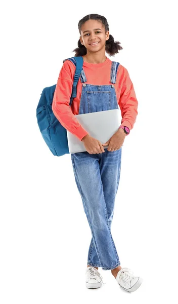 Afroamerikanische Teenager Mit Schulrucksack Und Laptop Auf Weißem Hintergrund — Stockfoto