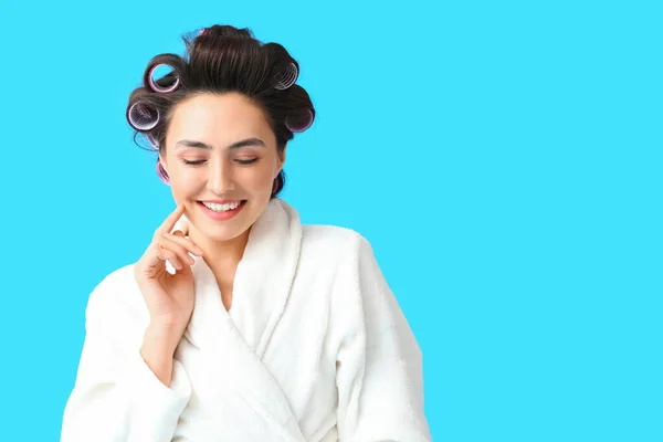 Beautiful Young Woman Bathrobe Hair Curlers Blue Background — Stock Photo, Image