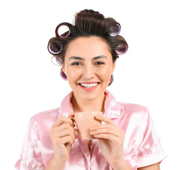 Happy Young Woman Pajamas Hair Curlers Drinking Coffee White Background — Stock Photo, Image