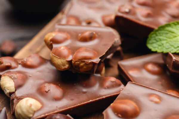 Pieces of tasty chocolate with hazelnuts, closeup