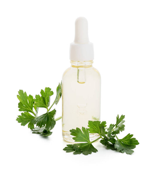 Bottle of natural essential oil on white background