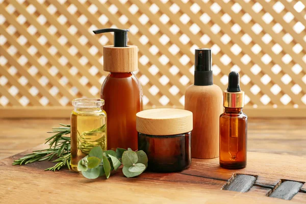Set Natural Cosmetic Products Essential Oil Wooden Background — Stock Photo, Image