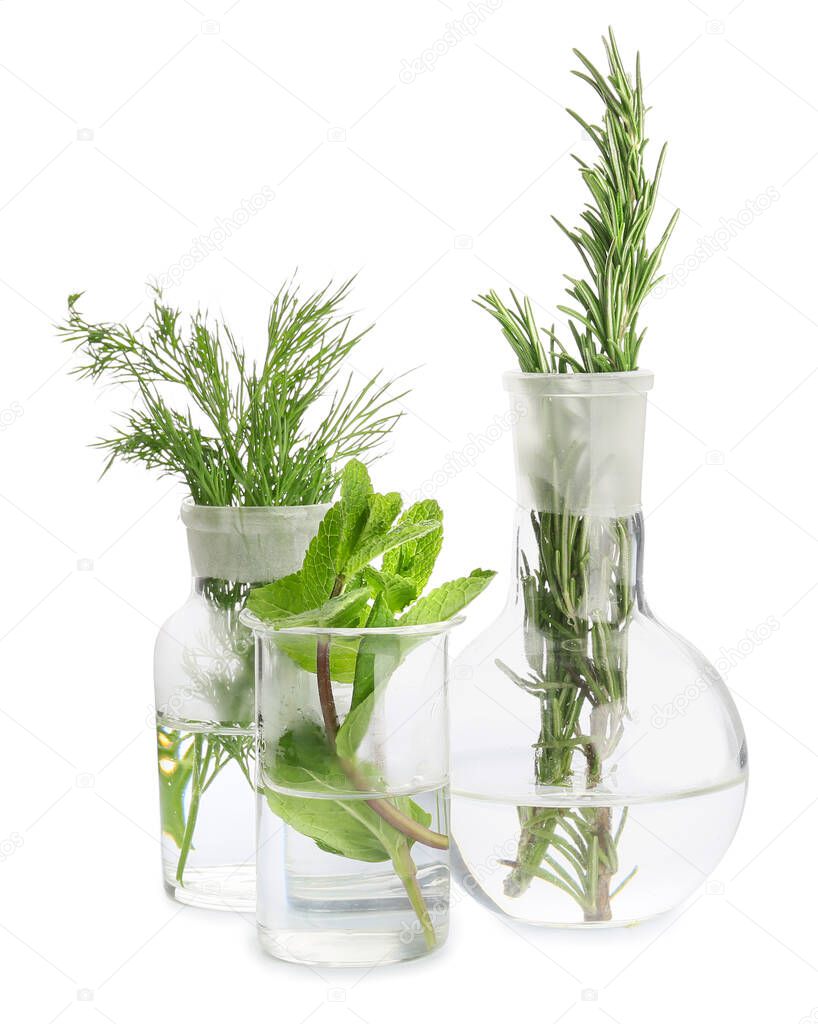 Laboratory glassware with natural essential oils on white background