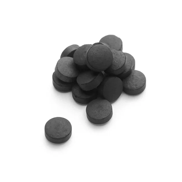 Heap Activated Carbon Pills White Background — Stock Photo, Image