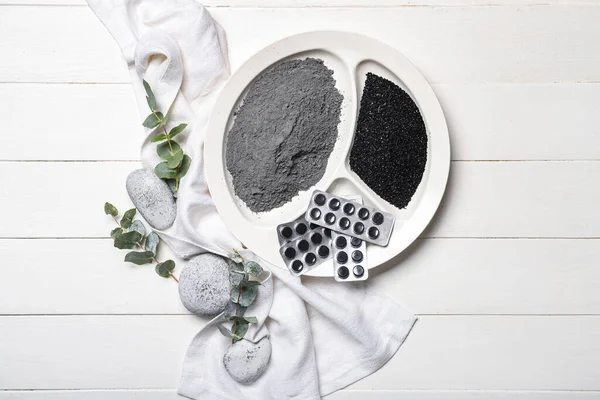 Composition Ingredients Activated Carbon Facial Mask Spa Stones Eucalyptus Branches — Stock Photo, Image