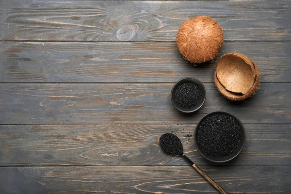 Bowls Coconut Activated Carbon Dark Wooden Background — Stock Photo, Image