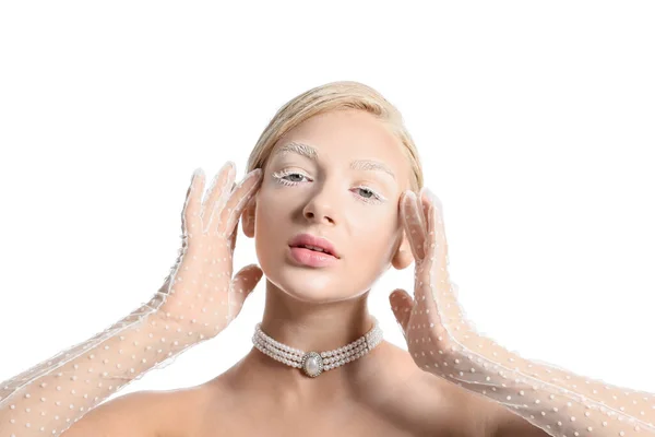 Hermosa Joven Con Maquillaje Creativo Guantes Elegantes Sobre Fondo Blanco — Foto de Stock