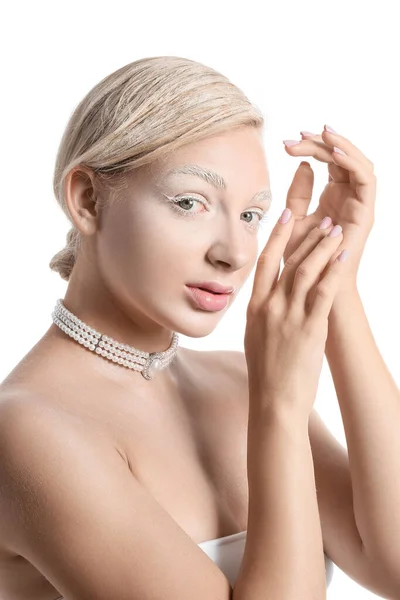 Mulher Bonita Com Maquiagem Criativa Fundo Branco — Fotografia de Stock
