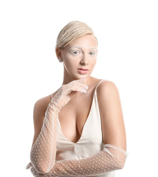 Krásná Mladá Žena Kreativním Make Elegantní Rukavice Bílém Pozadí — Stock fotografie