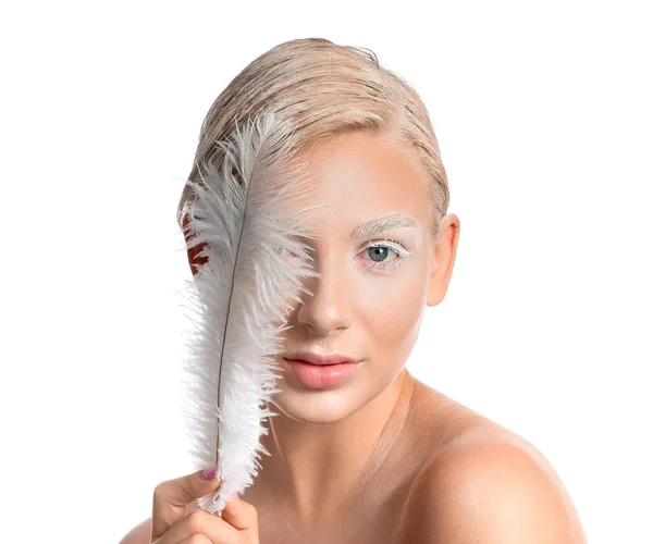 Beautiful Young Woman Creative Makeup Feather White Background — Stock Photo, Image