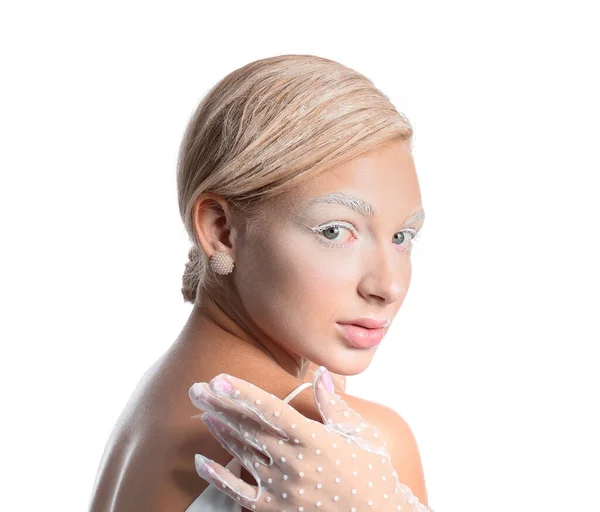 Mulher Bonita Com Maquiagem Criativa Luvas Elegantes Fundo Branco — Fotografia de Stock