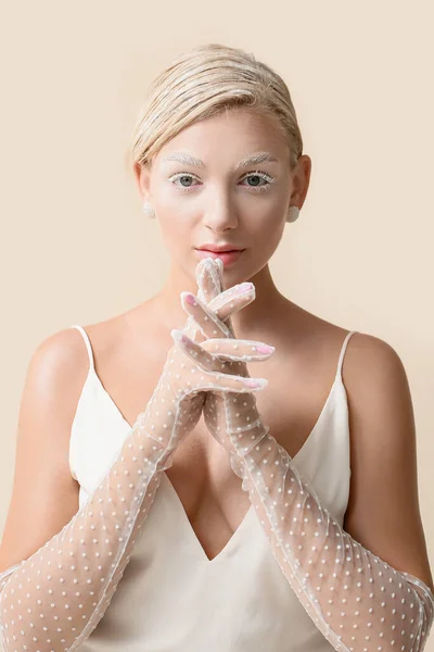 Beautiful Young Woman Creative Makeup Elegant Gloves Light Background — Stock Photo, Image