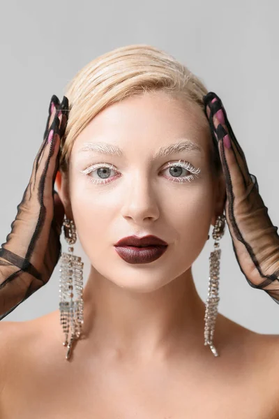 Beautiful Young Woman Creative Makeup Elegant Gloves Grey Background — Stock Photo, Image