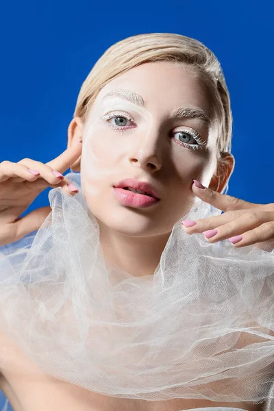 Beautiful Young Woman Creative Makeup Veil Color Background — Stock Photo, Image