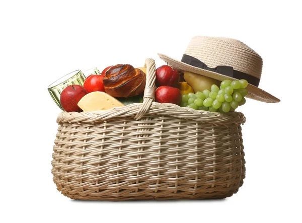 Wicker Basket Tasty Food Picnic Hat White Background — Stock Photo, Image