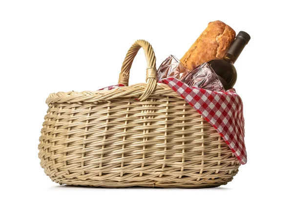 Wicker Basket Bread Wine Picnic White Background — Stock Photo, Image