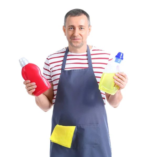 Mature Worker Cleaning Service Detergent White Background — Stock Photo, Image