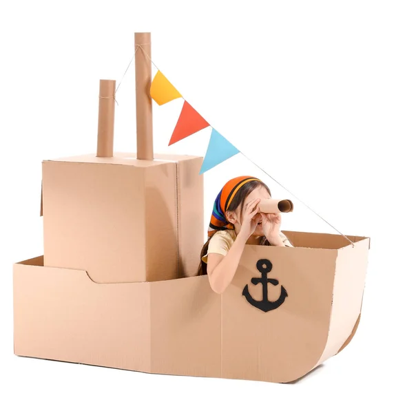 Funny Little Girl Playing Cardboard Ship White Background — Stock Photo, Image